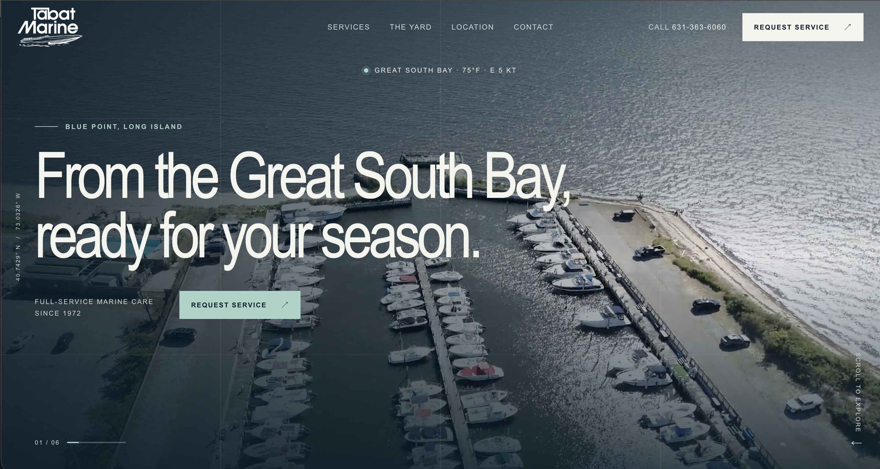Tabat Marine Service redesigned homepage with cinematic drone hero and live weather
